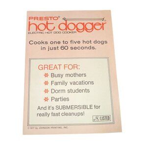 Vtg Presto HOTD1 Hot Dogger Electric Hot Dog Cooker Instructions Replacament